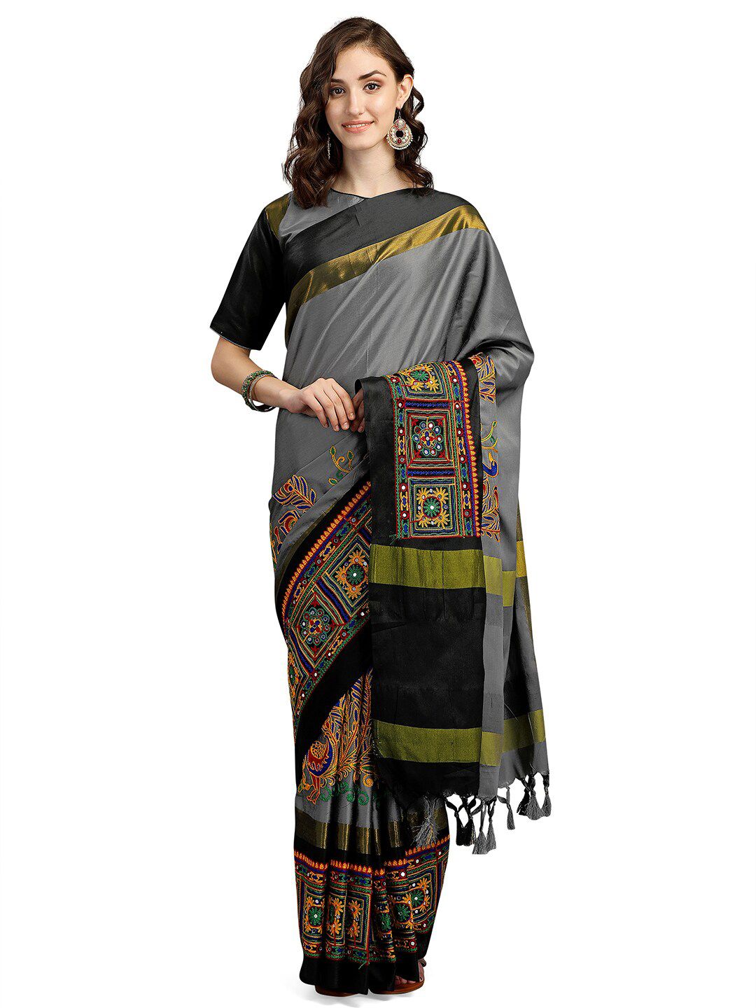 Pisara Grey & Black Ethnic Motifs Embroidered Silk Cotton Saree Price in India