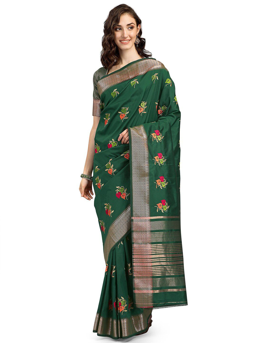 Pisara Green & Red Floral Woven Design Silk Cotton Banarasi Saree Price in India