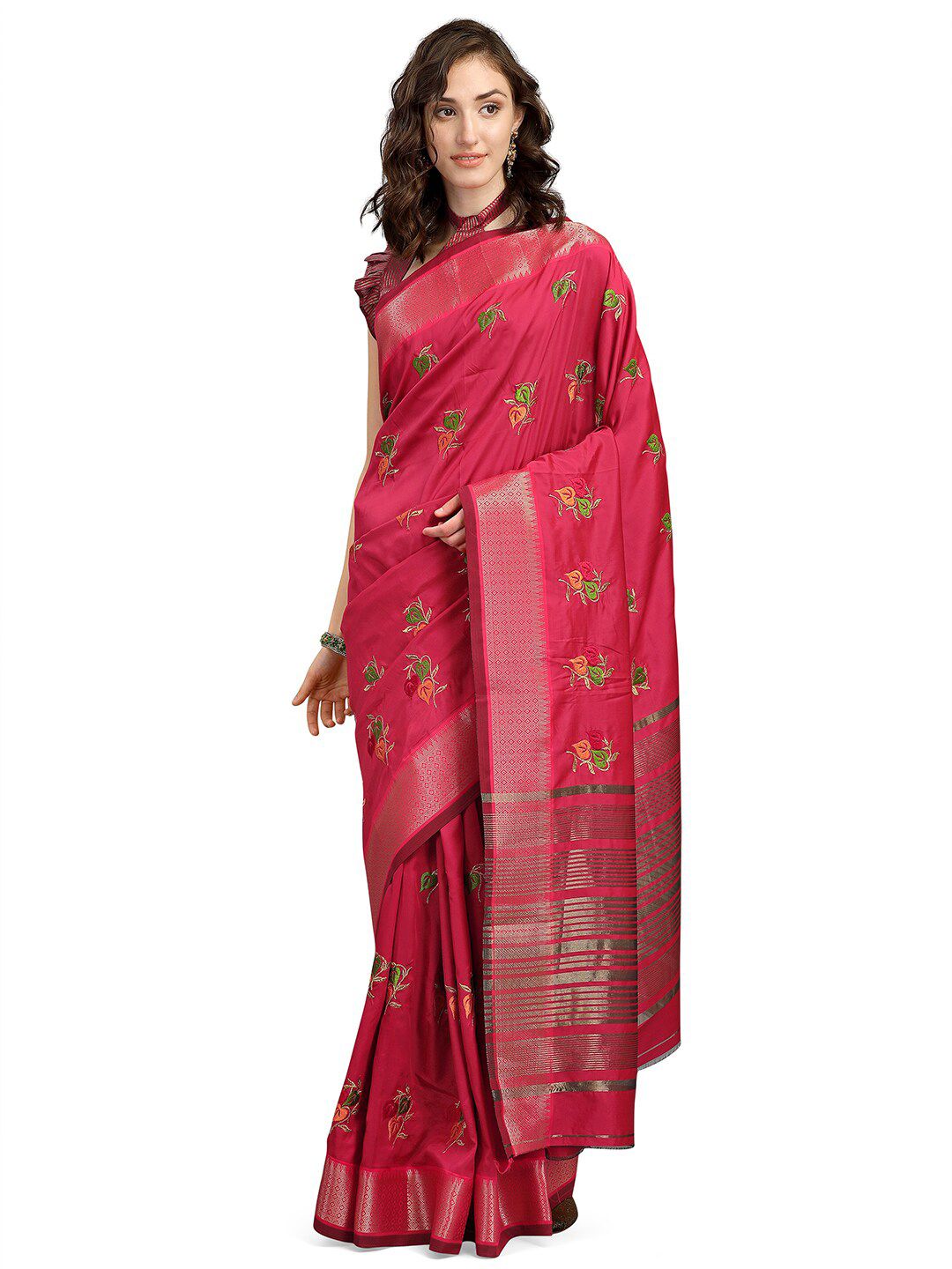 Pisara Pink & Green Embellished Embroidered Silk Cotton Banarasi Saree Price in India