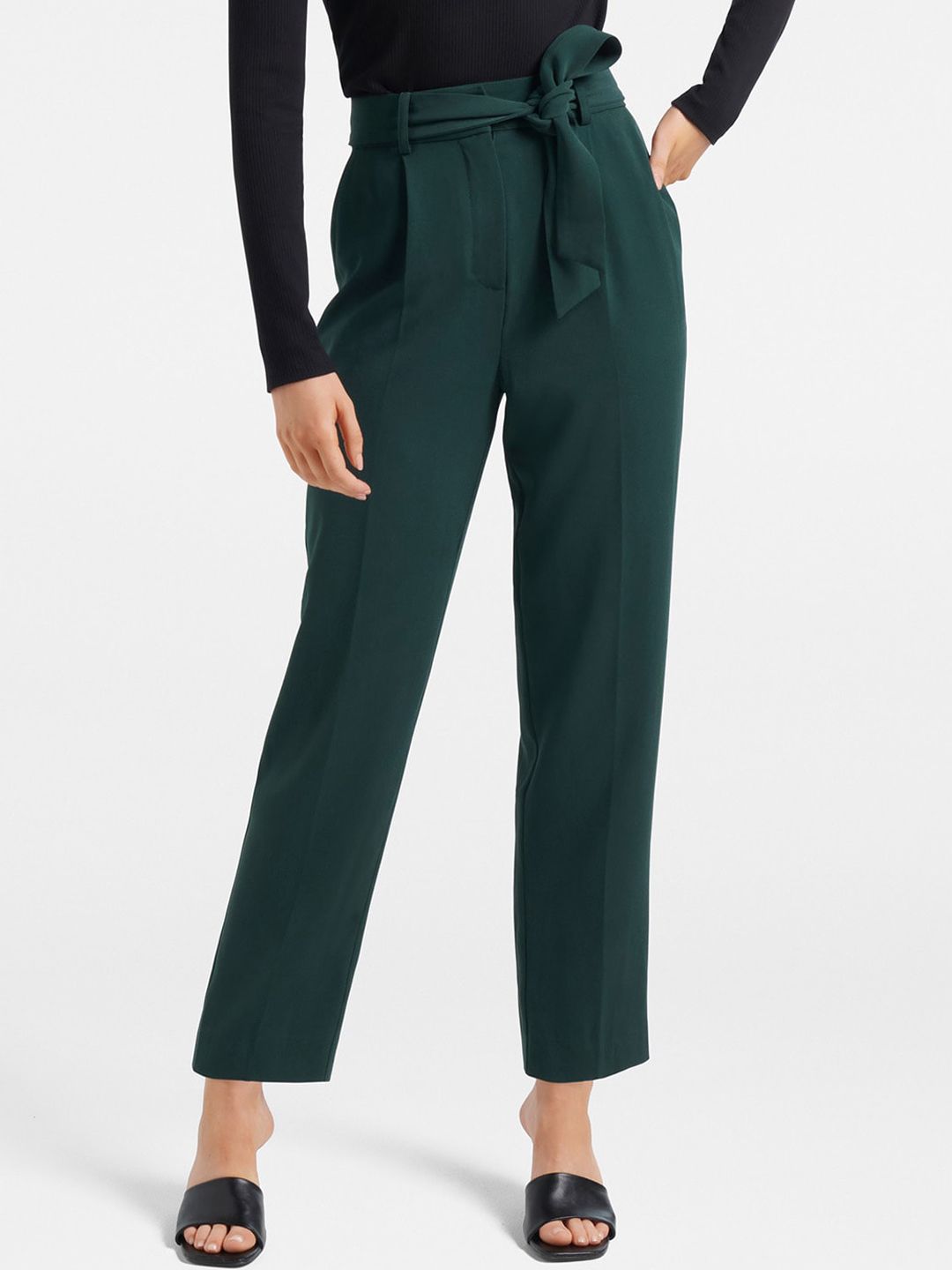 Forever New Women Green Tapered Fit High-Rise Pleated Trousers Price in India