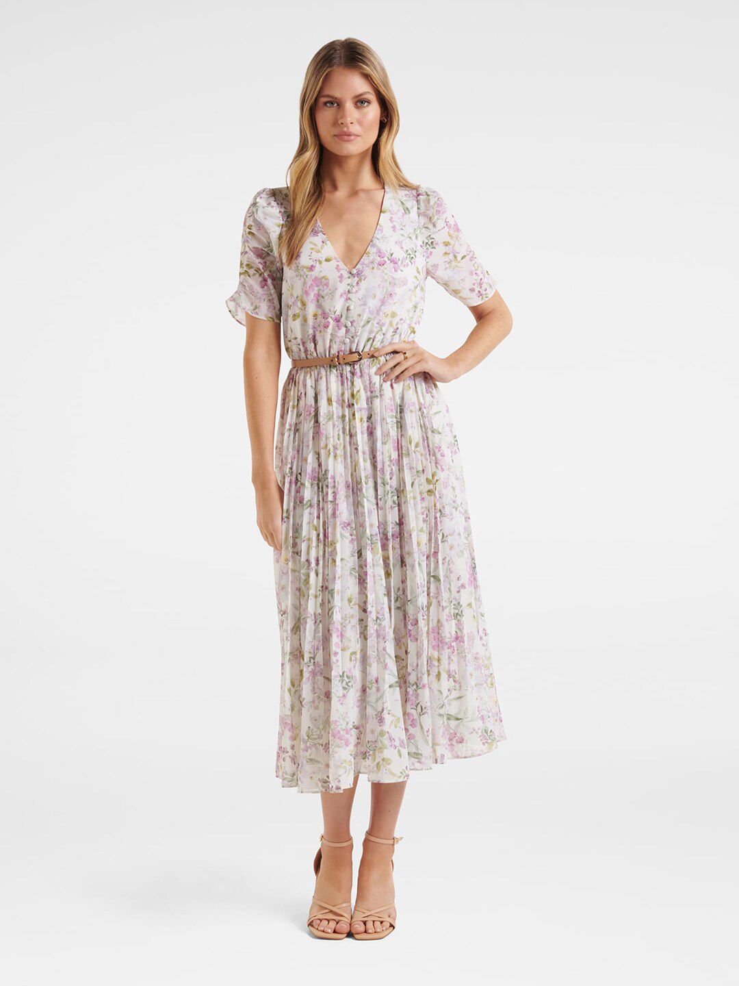 Forever New White & Purple Floral Printed Midi Dress Comes With a Belt Price in India