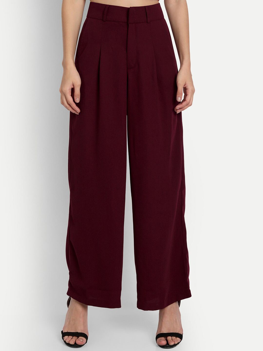 ESSQUE Women Maroon Relaxed Flared Pleated Trousers Price in India