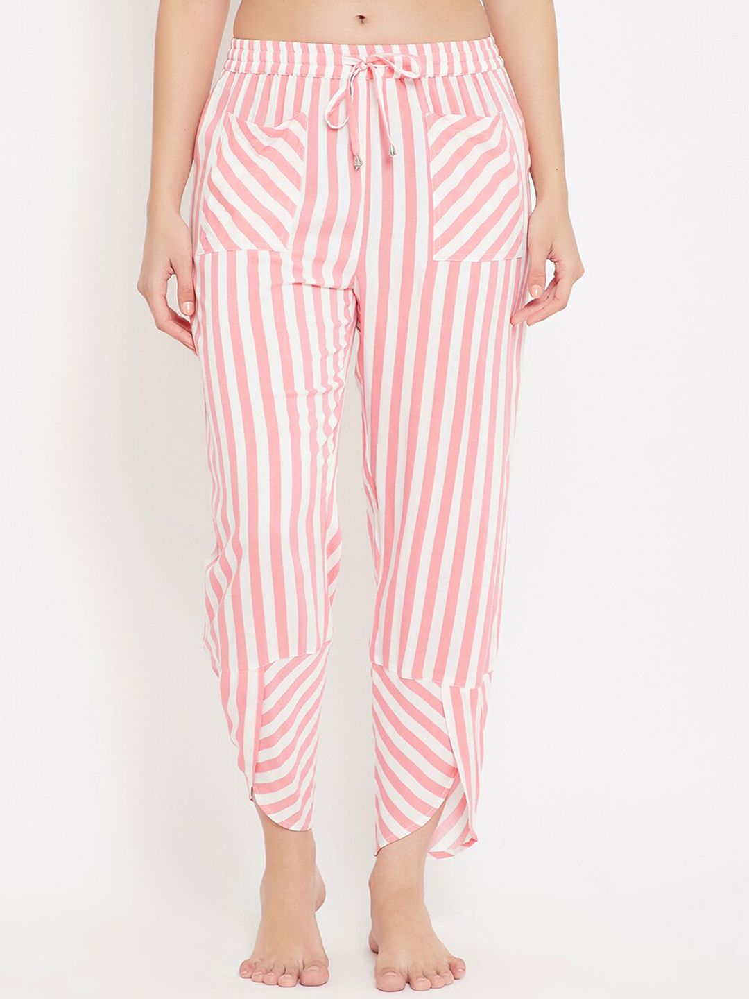 Hypernation Women Pink & White Striped Lounge Pants Price in India