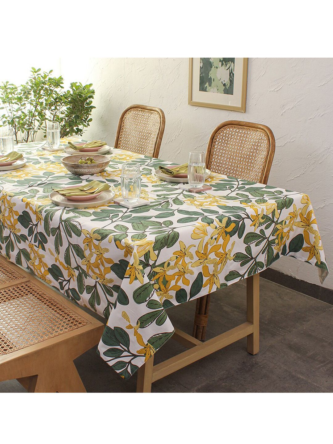 House This Green & White Printed Cotton 8-Seater Table Cover Price in India