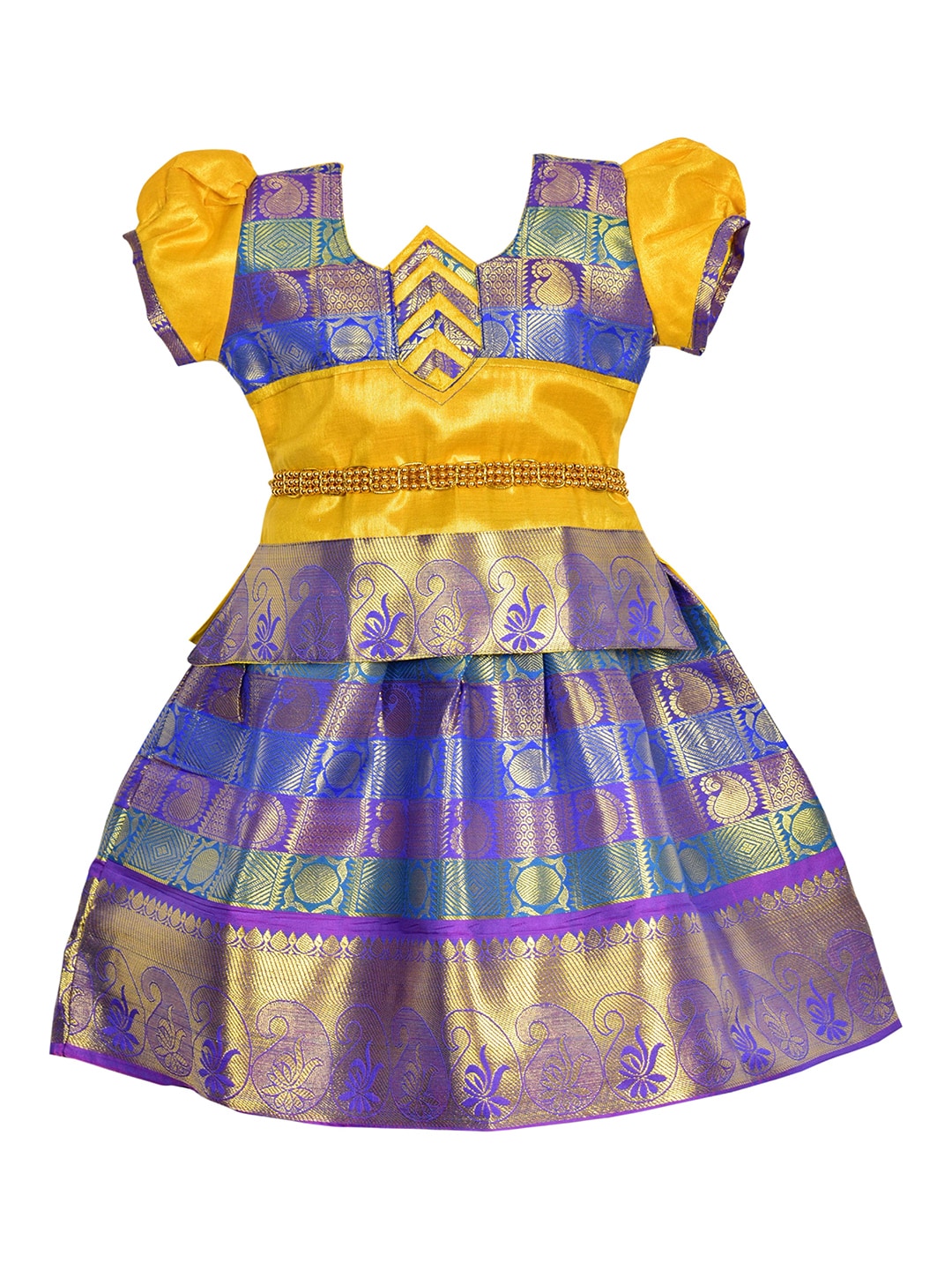AMIRTHA FASHION Girls Blue & Yellow Embellished Thread Work Ready to Wear Lehenga & Price in India