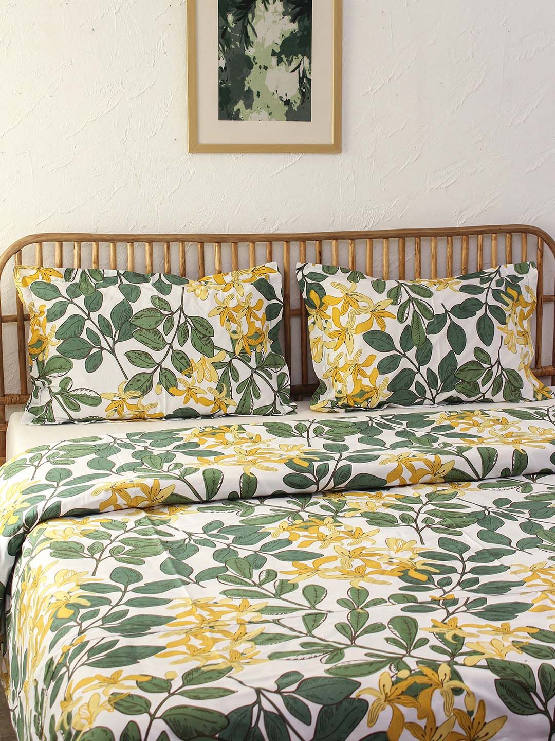 House This White & Green Floral AC Room 110 GSM Double Bed Dohar Price in India