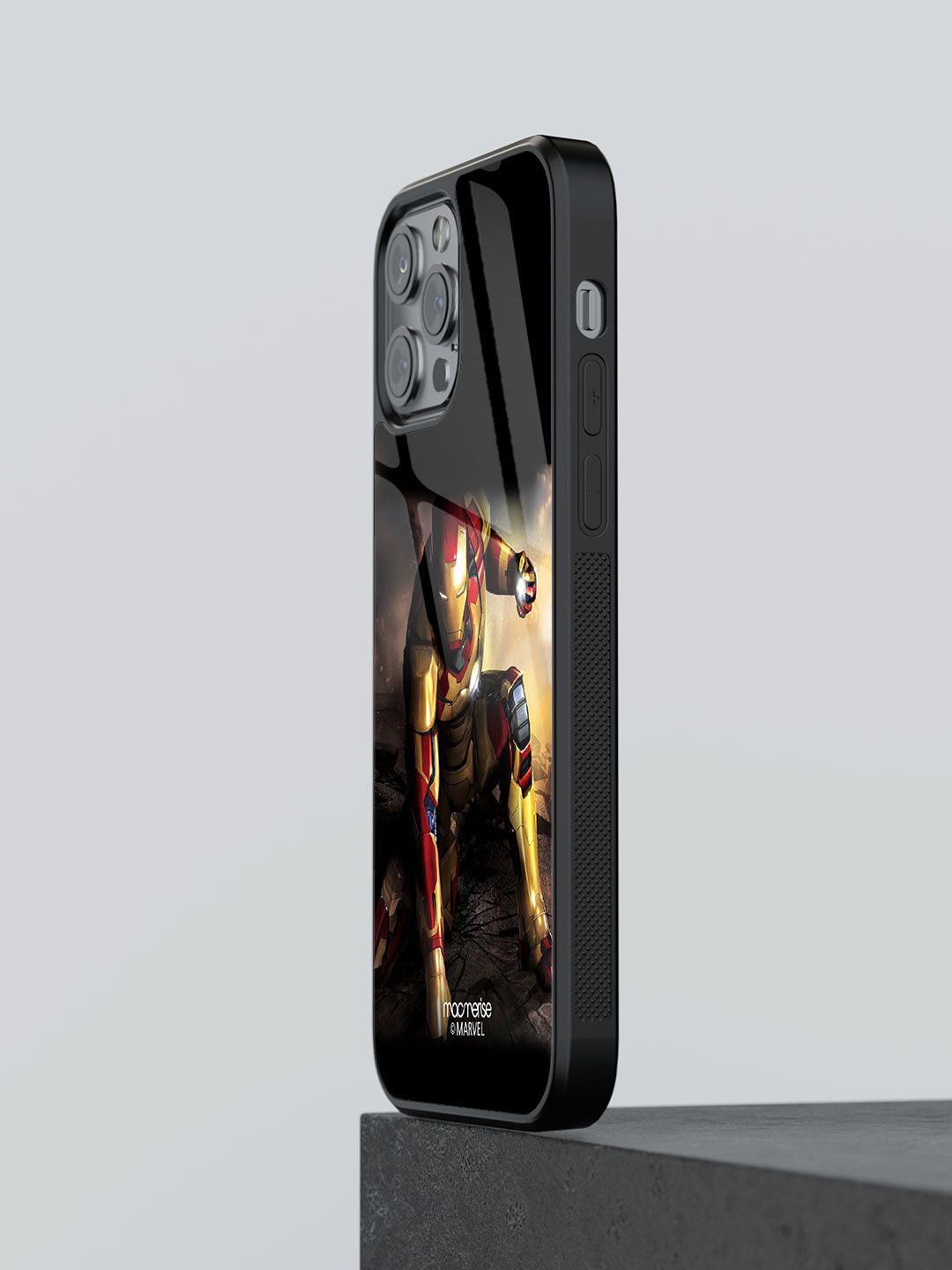 macmerise Black Iron Man Printed Camo Glass iPhone 12 Pro Max Back Case Price in India