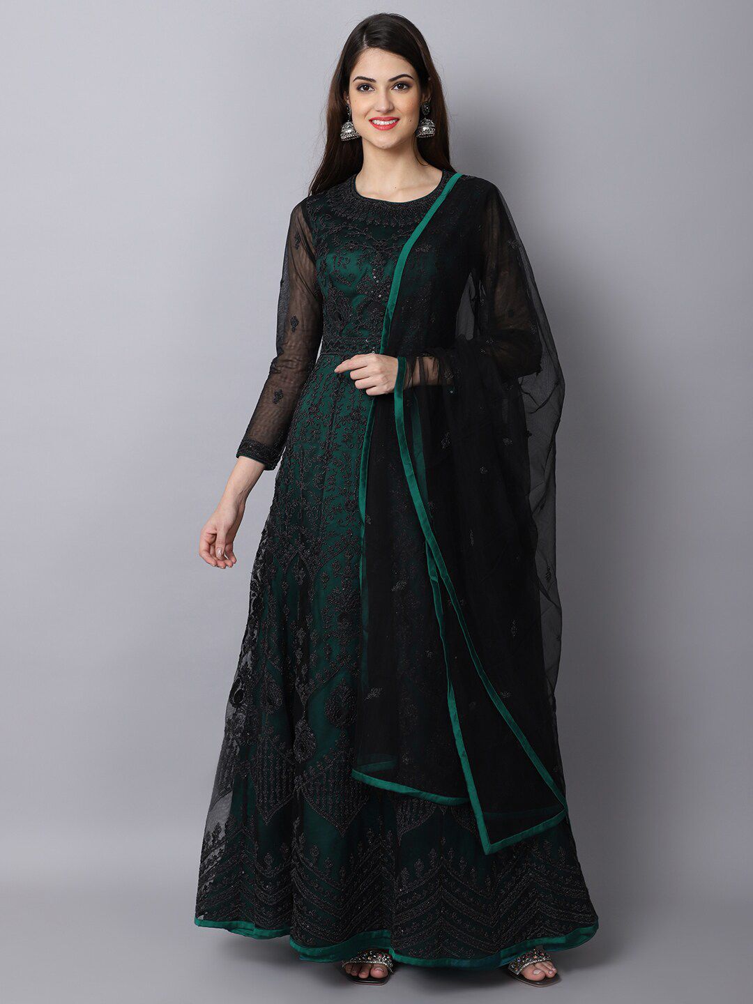 Stylee LIFESTYLE Women Green Embroidered Semi-Stitched Dress Material Price in India