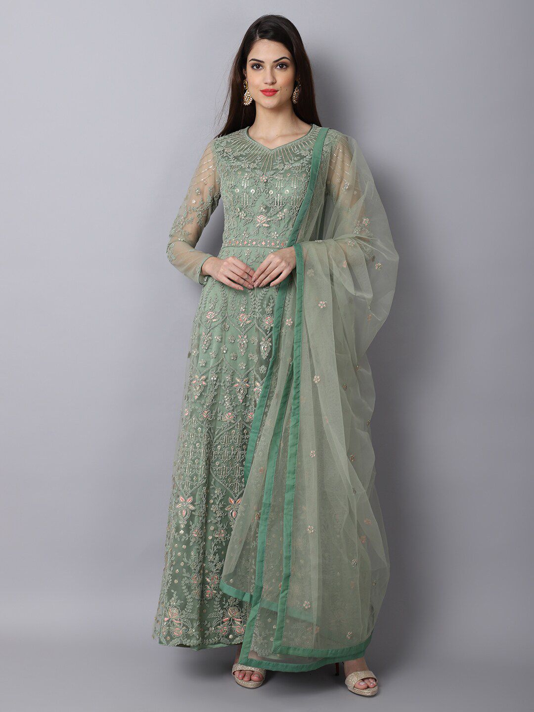 Stylee LIFESTYLE Green Embroidered Satin Semi-Stitched Dress Material Price in India
