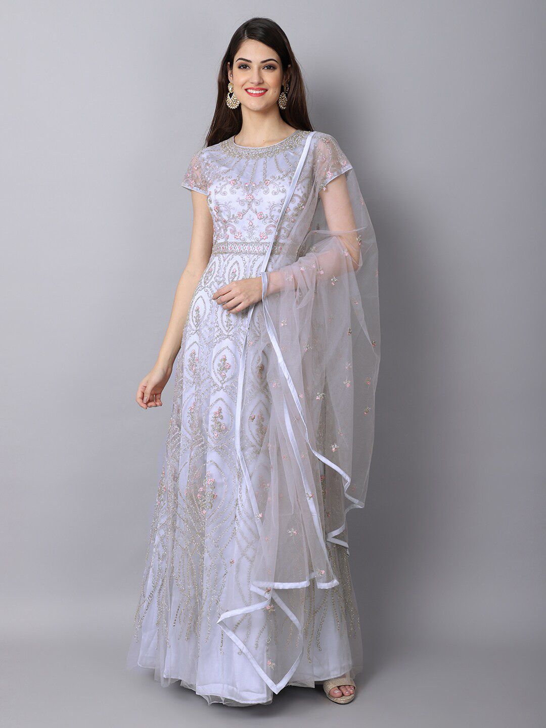 Stylee LIFESTYLE Off White & Gold-Toned Embroidered Semi-Stitched Dress Material Price in India