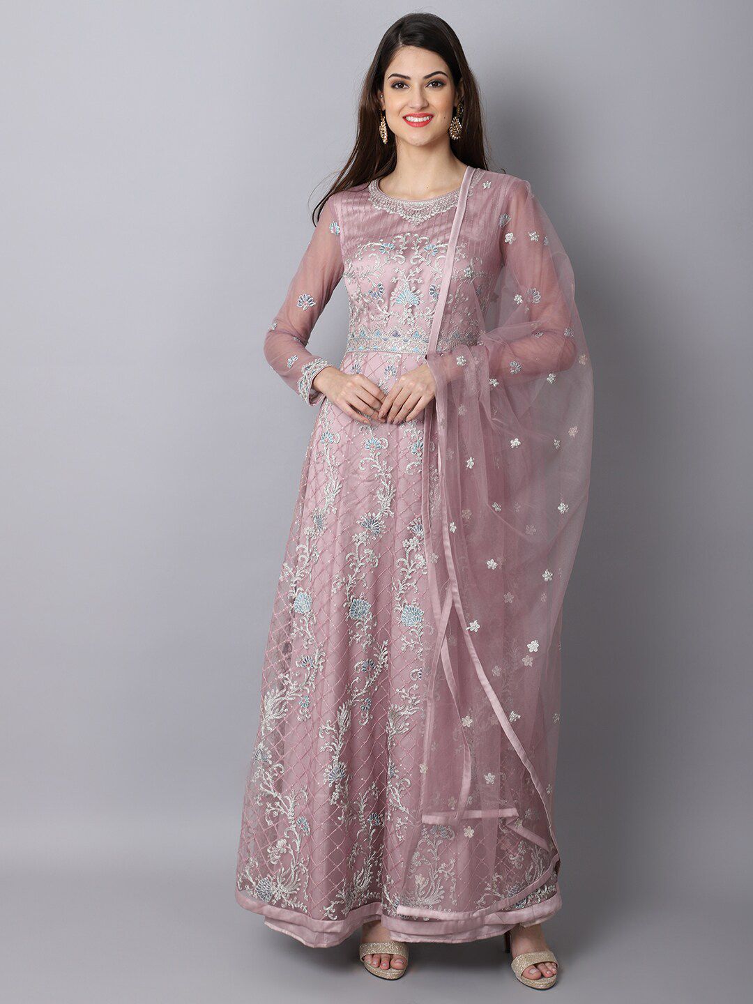 Stylee LIFESTYLE Pink & Silver-Toned Embroidered Semi-Stitched Dress Material Price in India