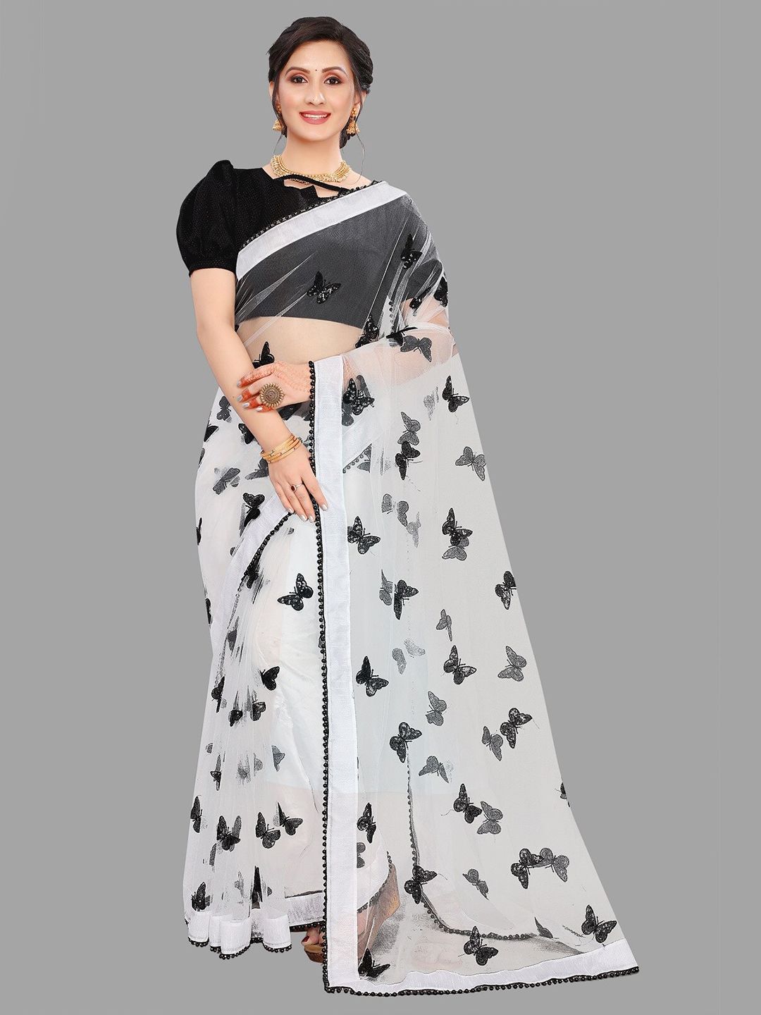 PMD Fashion White & Black Embellished Embroidered Net Ready to Wear Saree Price in India