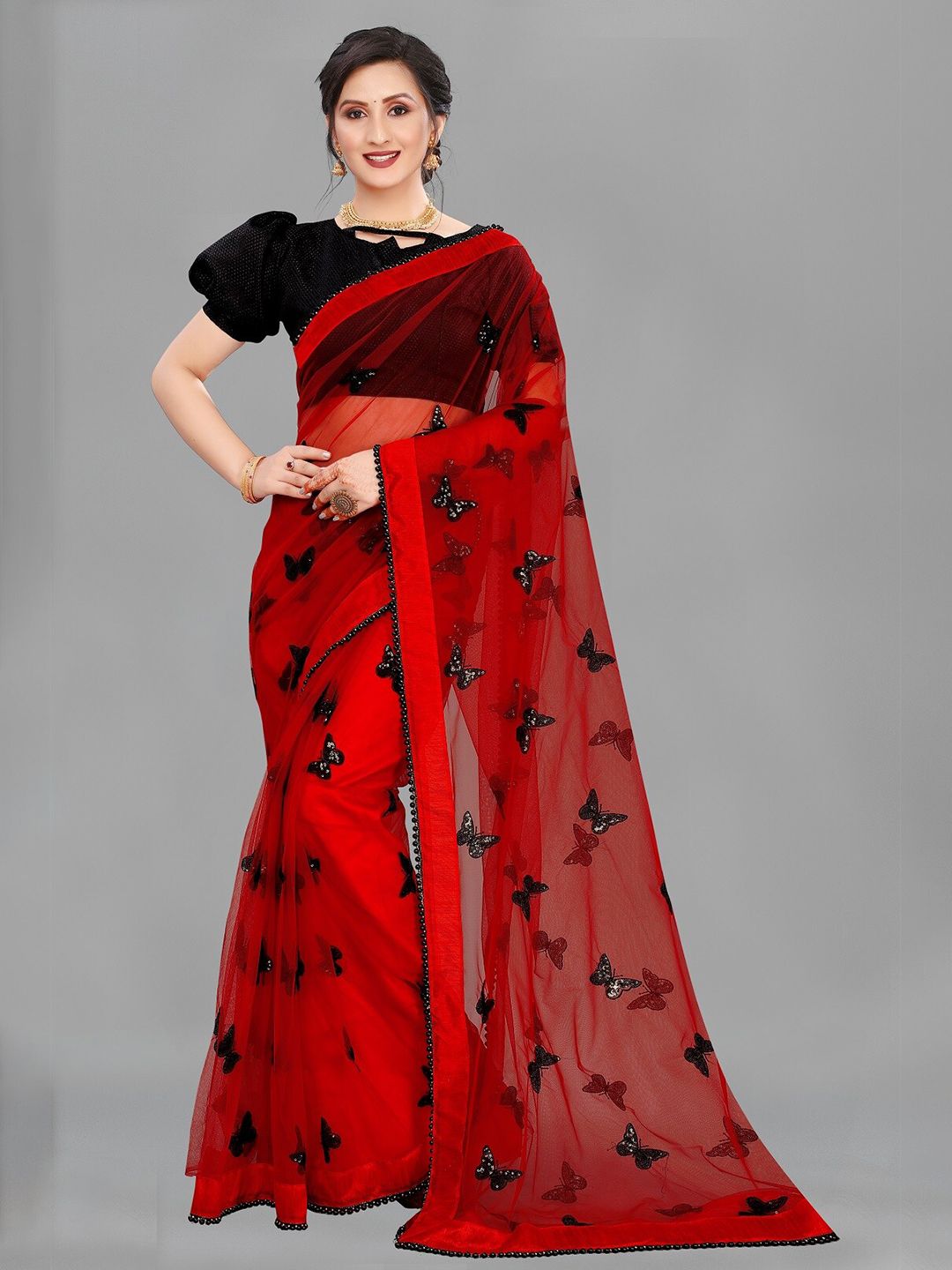 PMD Fashion Red & Black Embroidered Sequinned Net Saree Price in India