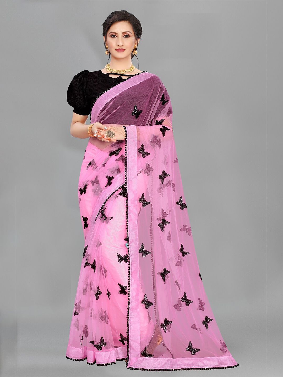 PMD Fashion Pink & Black Ethnic Motifs Embroidered Net Ready to Wear Saree Price in India