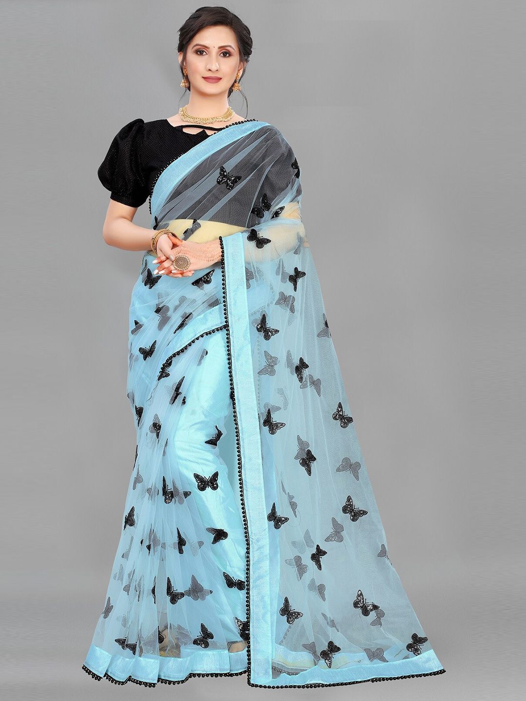 PMD Fashion Blue & Black Embellished Net Ready to Wear Saree Price in India