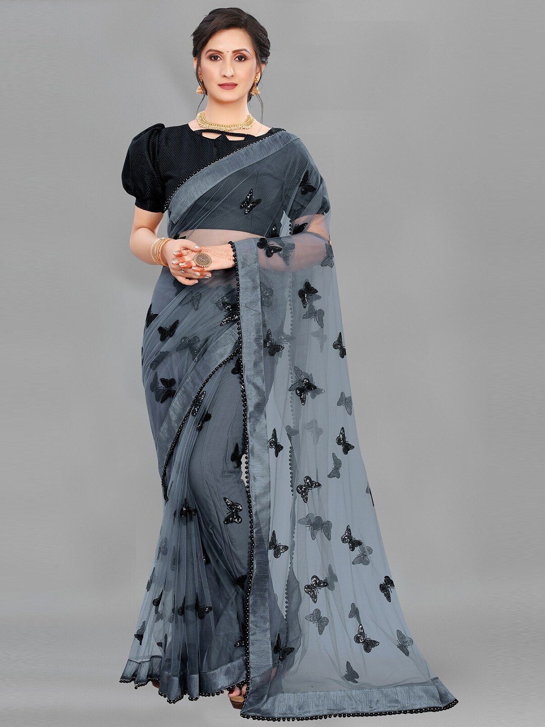 PMD Fashion Grey & Black Embellished Sequinned Net Ready to Wear Saree Price in India