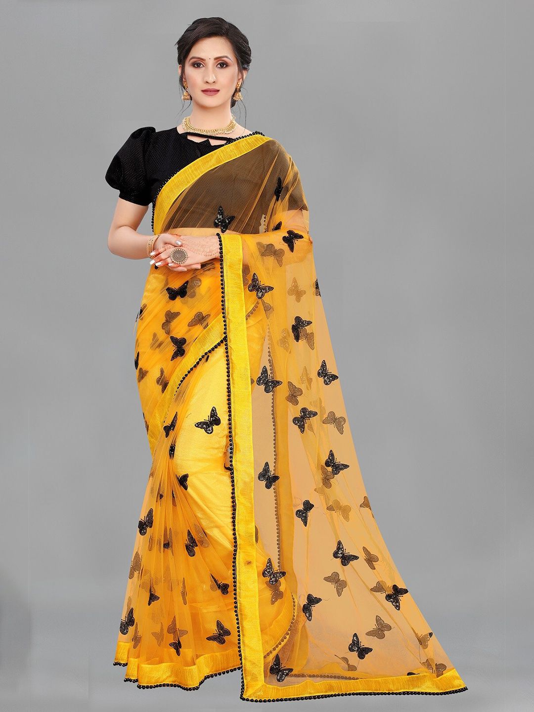 PMD Fashion Women Yellow & Black Embellished Embroidered Net Saree Price in India