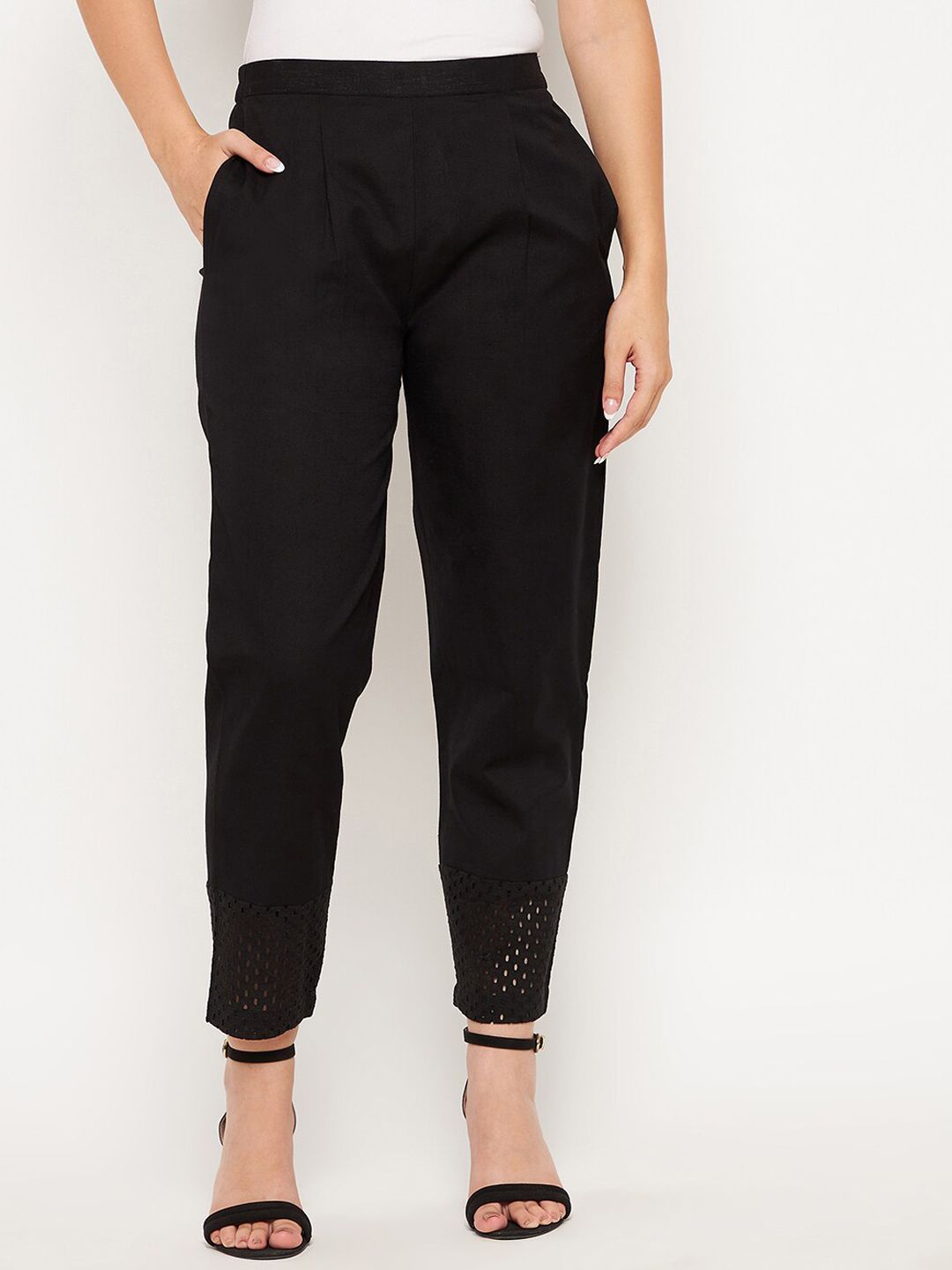 WineRed Women Black Smart High-Rise Easy Wash Trousers Price in India