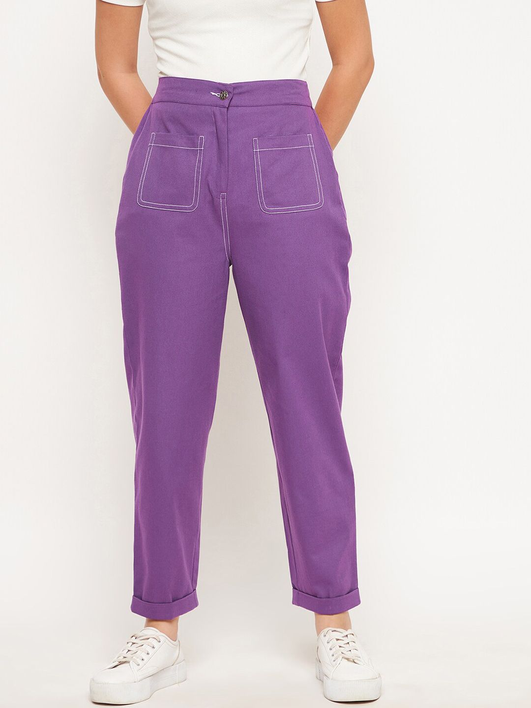 WineRed Women Purple Smart High-Rise Easy Wash Pleated Trousers Price in India