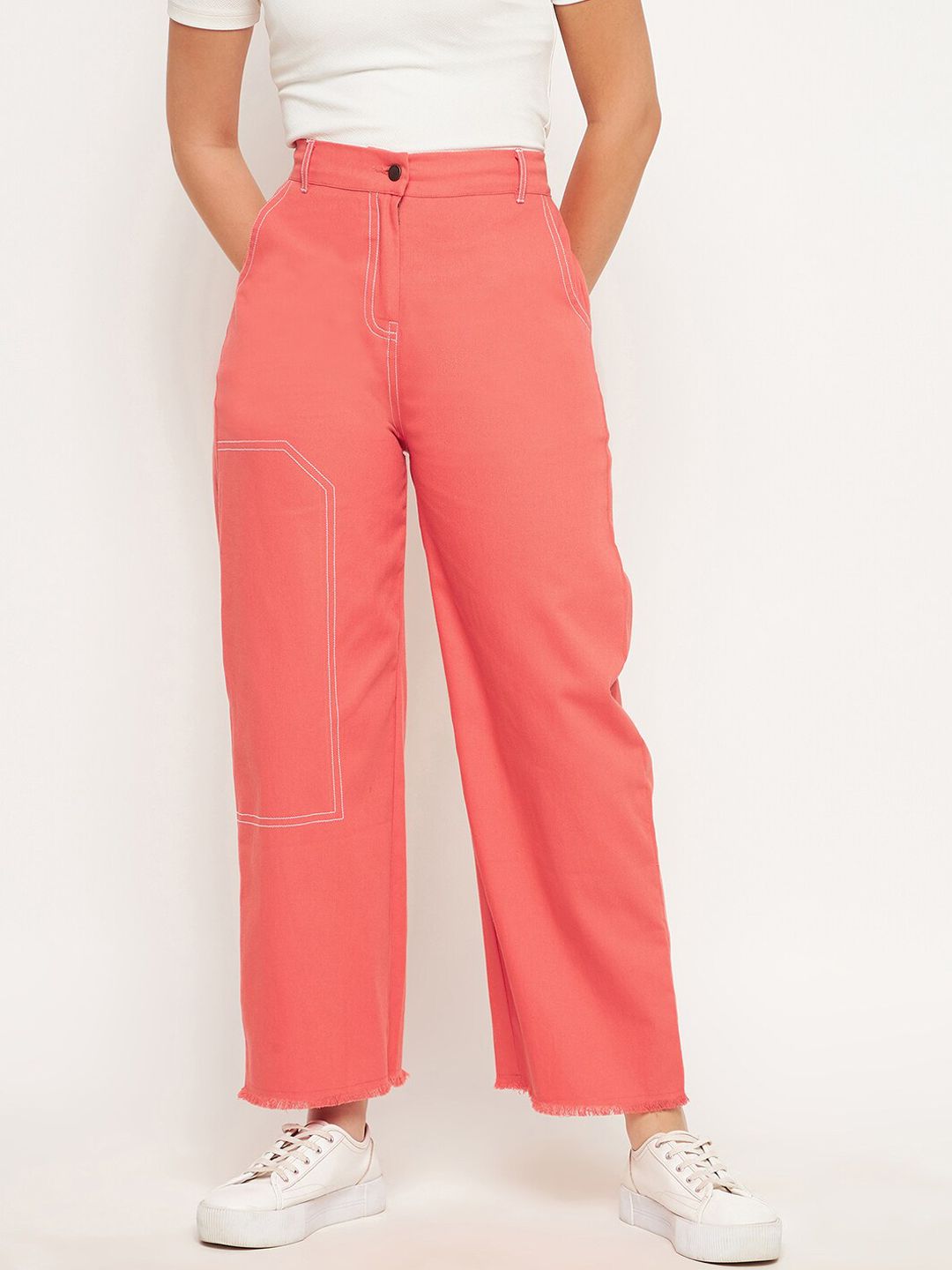 WineRed Women Peach-Coloured Smart Straight Fit High-Rise Easy Wash Trousers Price in India