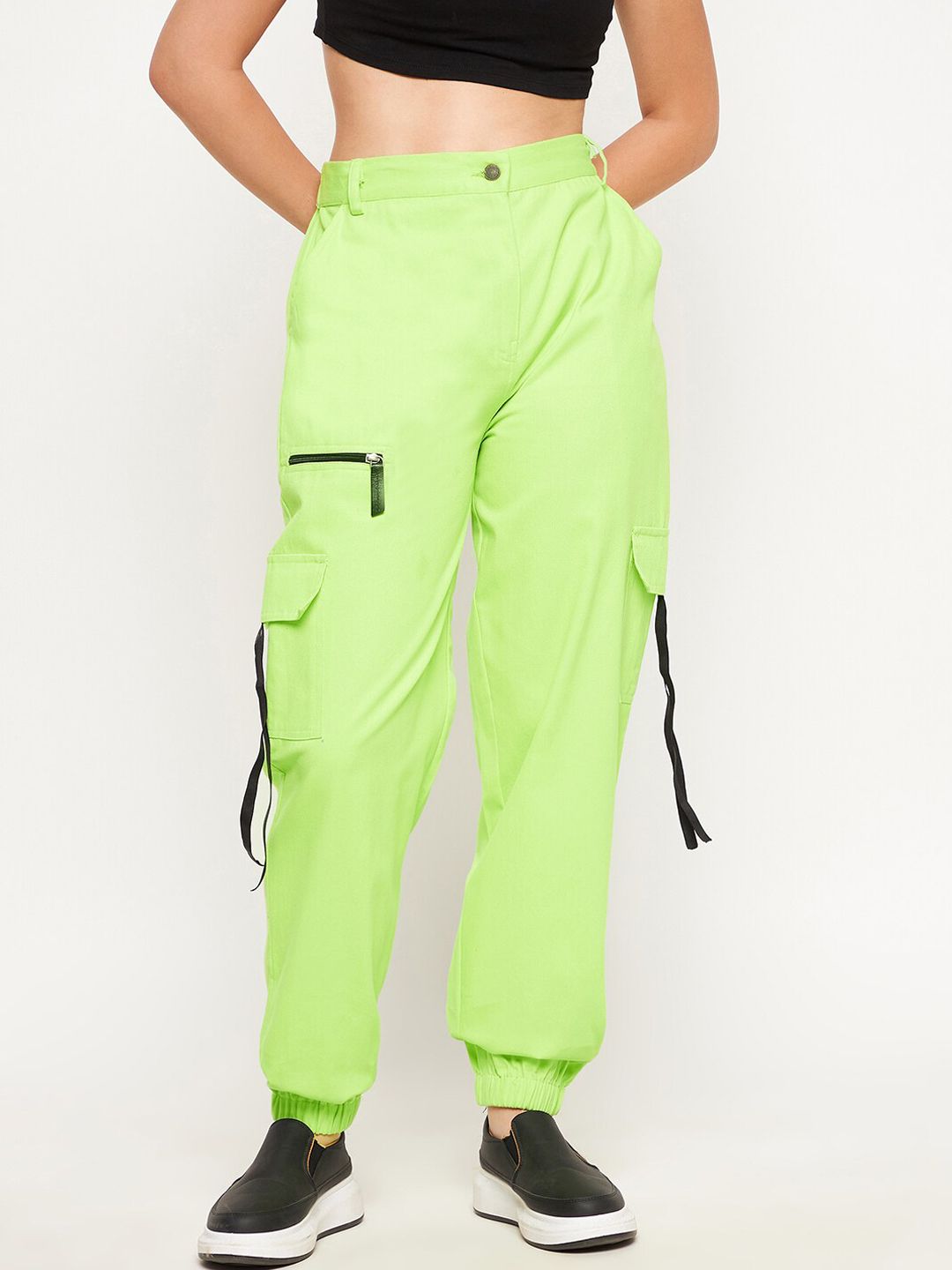 WineRed Women Lime Green Smart High-Rise Easy Wash Cargos Trousers Price in India