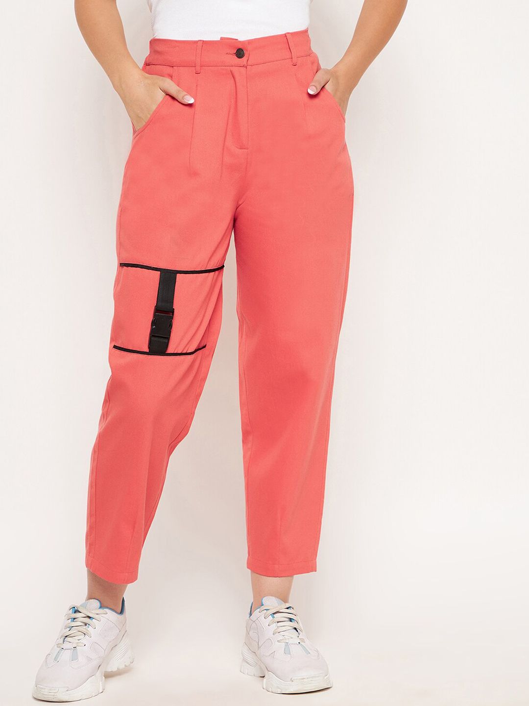 WineRed Women Peach-Coloured Smart High-Rise Easy Wash Pleated Trouser with Buckle Price in India