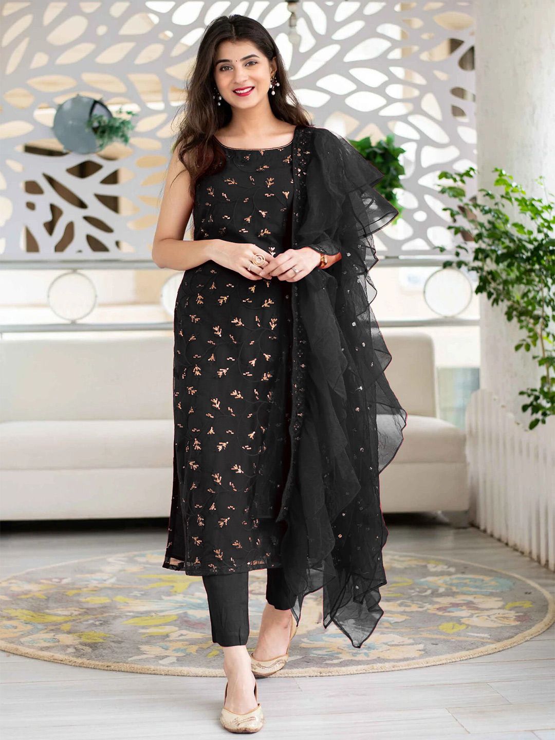 Fashion Basket Women Black & Gold-Toned Embroidered Semi-Stitched Dress Material Price in India