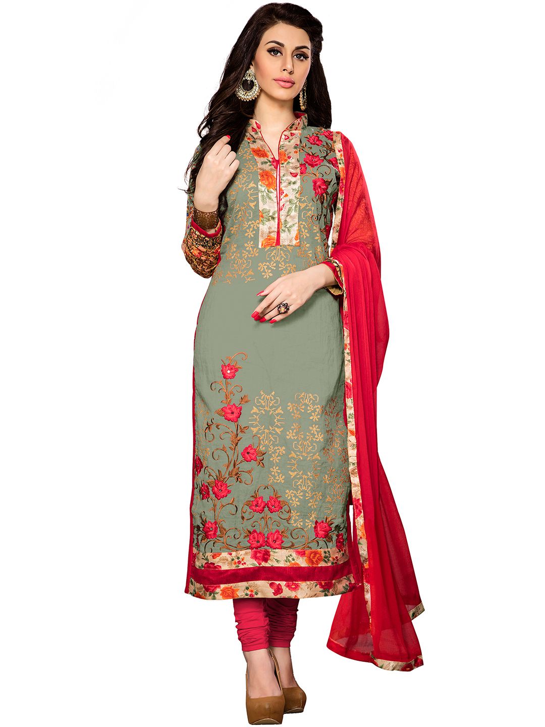 Blissta Olive Green & Red Embroidered Unstitched Dress Material Price in India