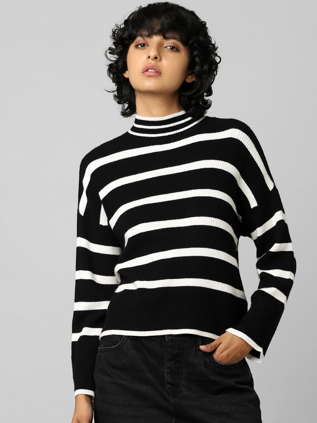 ONLY Women Black & White Striped Pullover Price in India