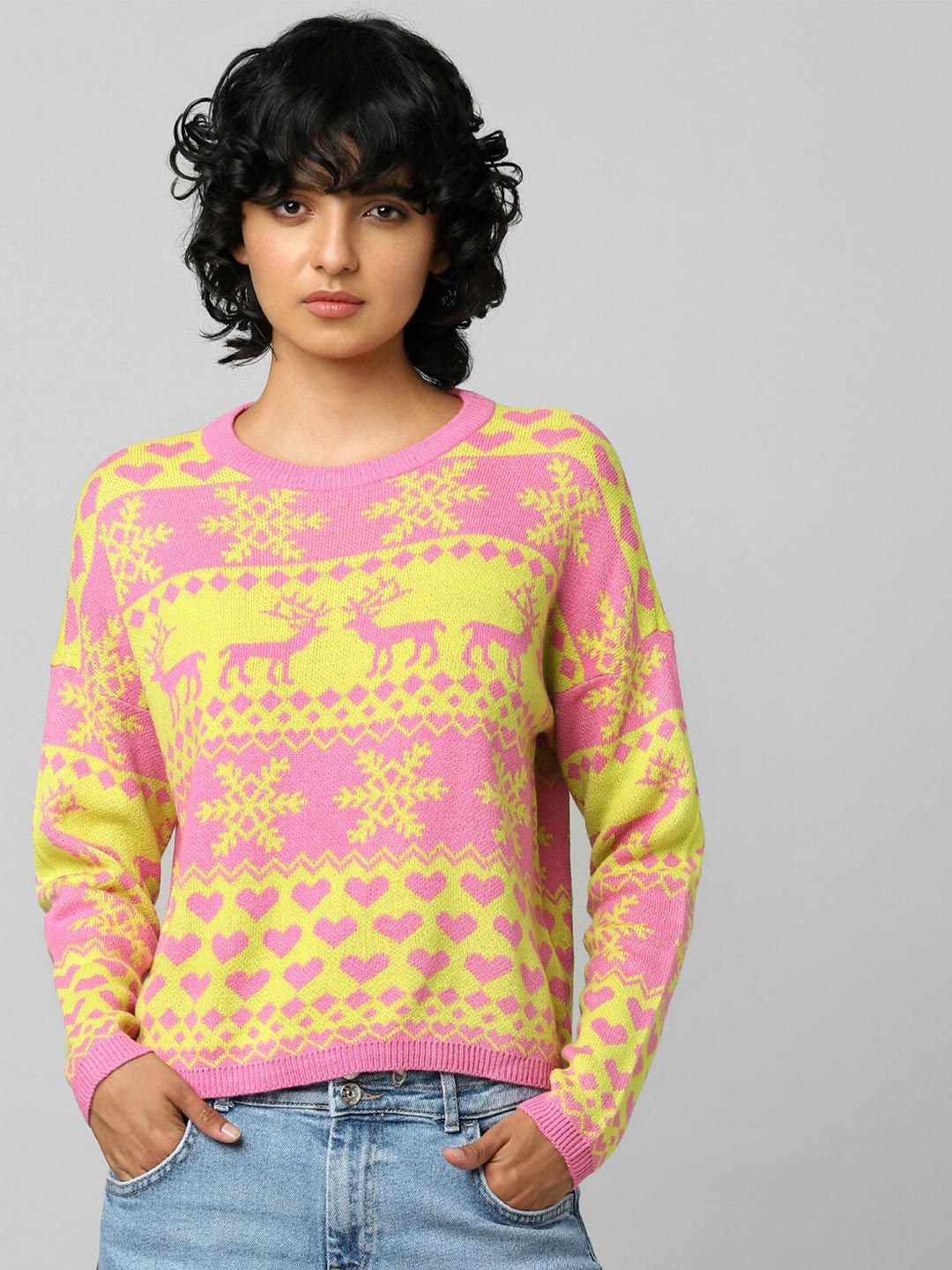 ONLY Women Pink & Yellow Printed Pullover Sweater Price in India