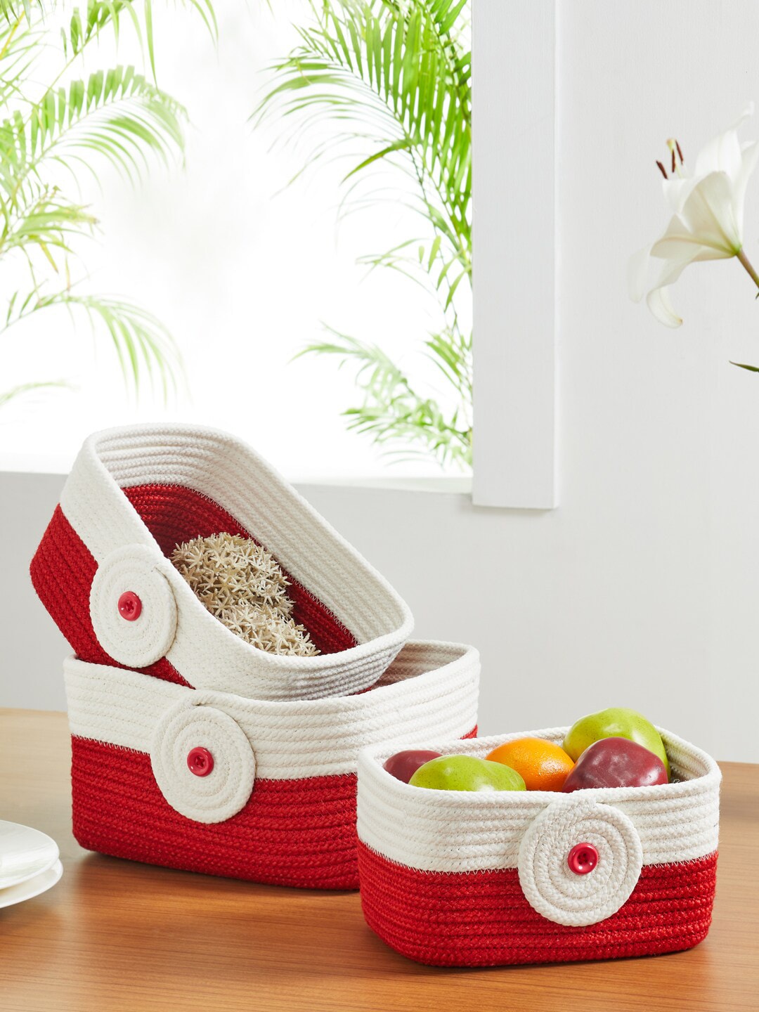 Pano Red Solid Bamboo Tank Basket Set Of 3 Price in India