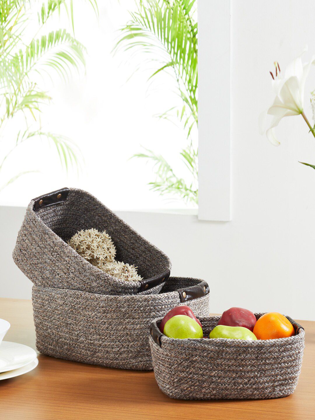 Pano Set Of 3 Brown Solid Basket Organisers Price in India