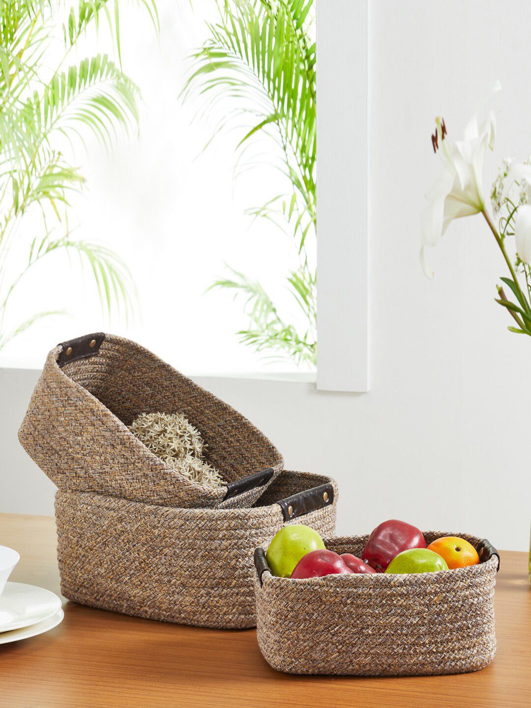 Pano Set Of 3 Beige Solid Bamboo Baskets Price in India