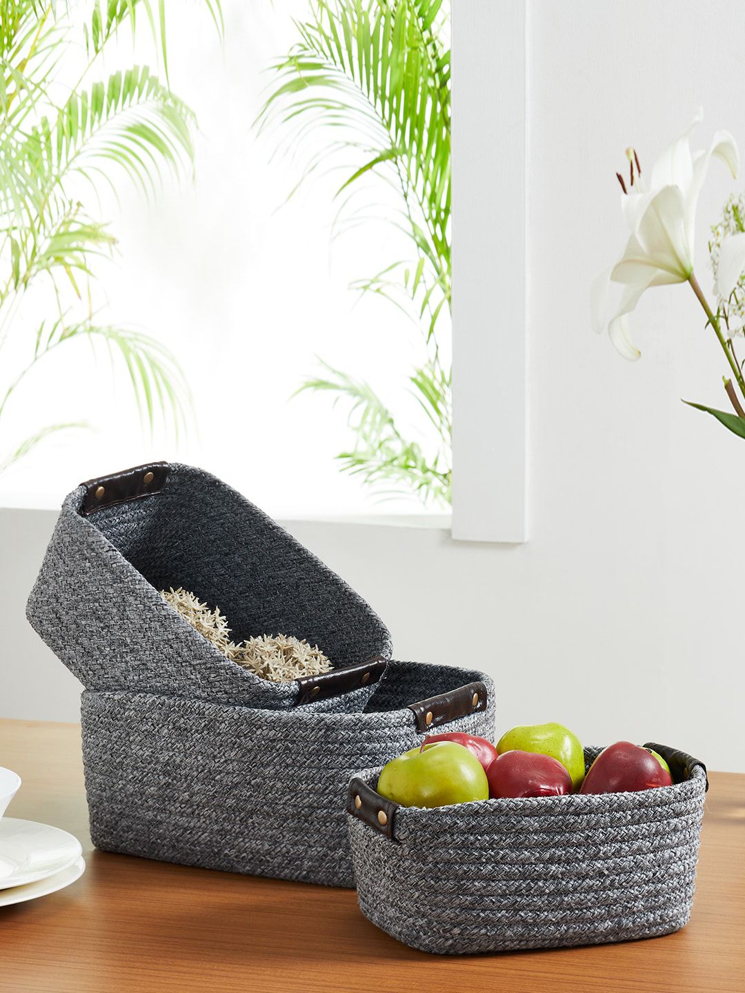 Pano Pack Of 3 Grey Solid Bamboo Basket Price in India