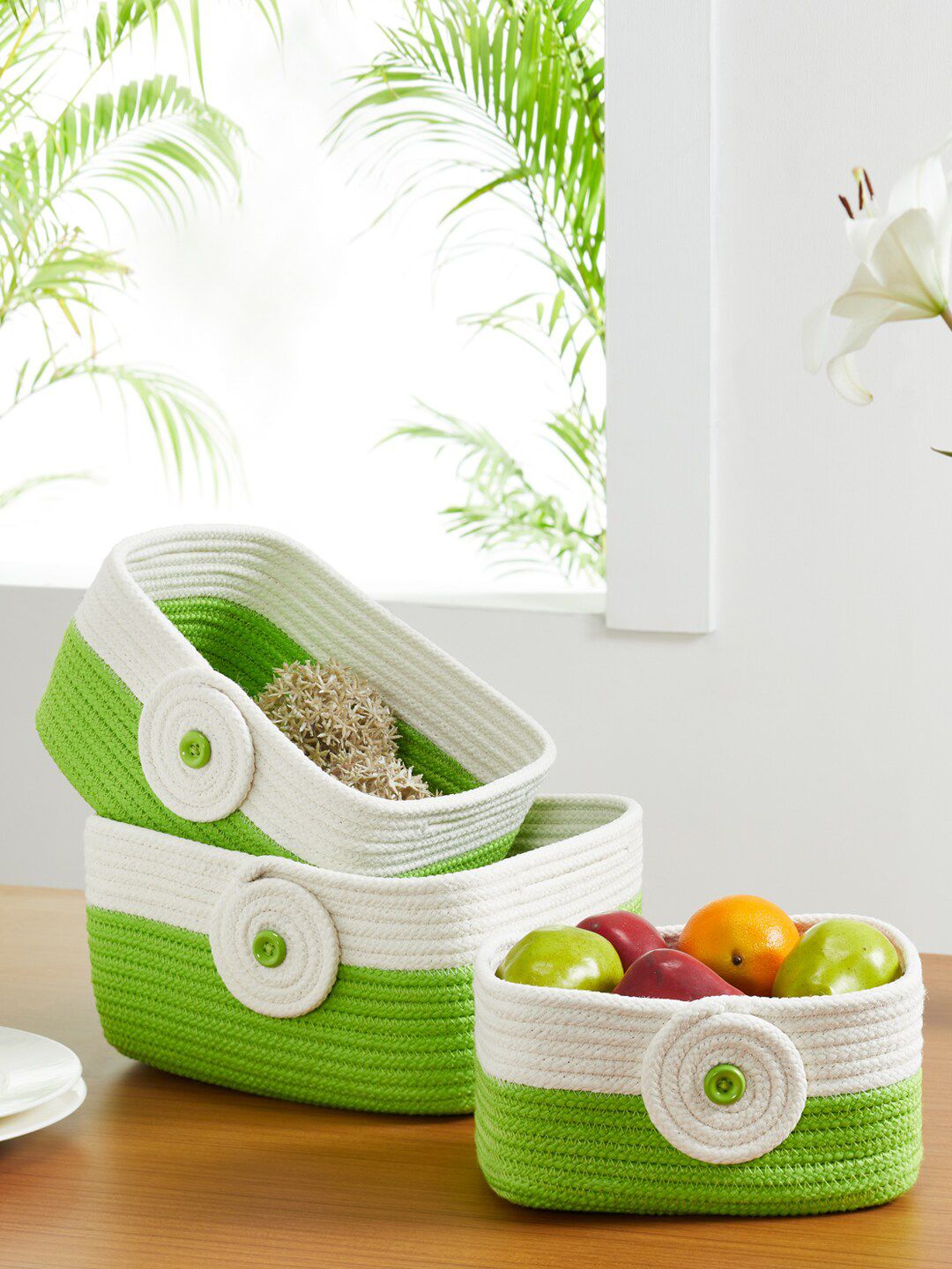 Pano Set Of 3 Green & White Colourblocked Bamboo Tank Basket Price in India