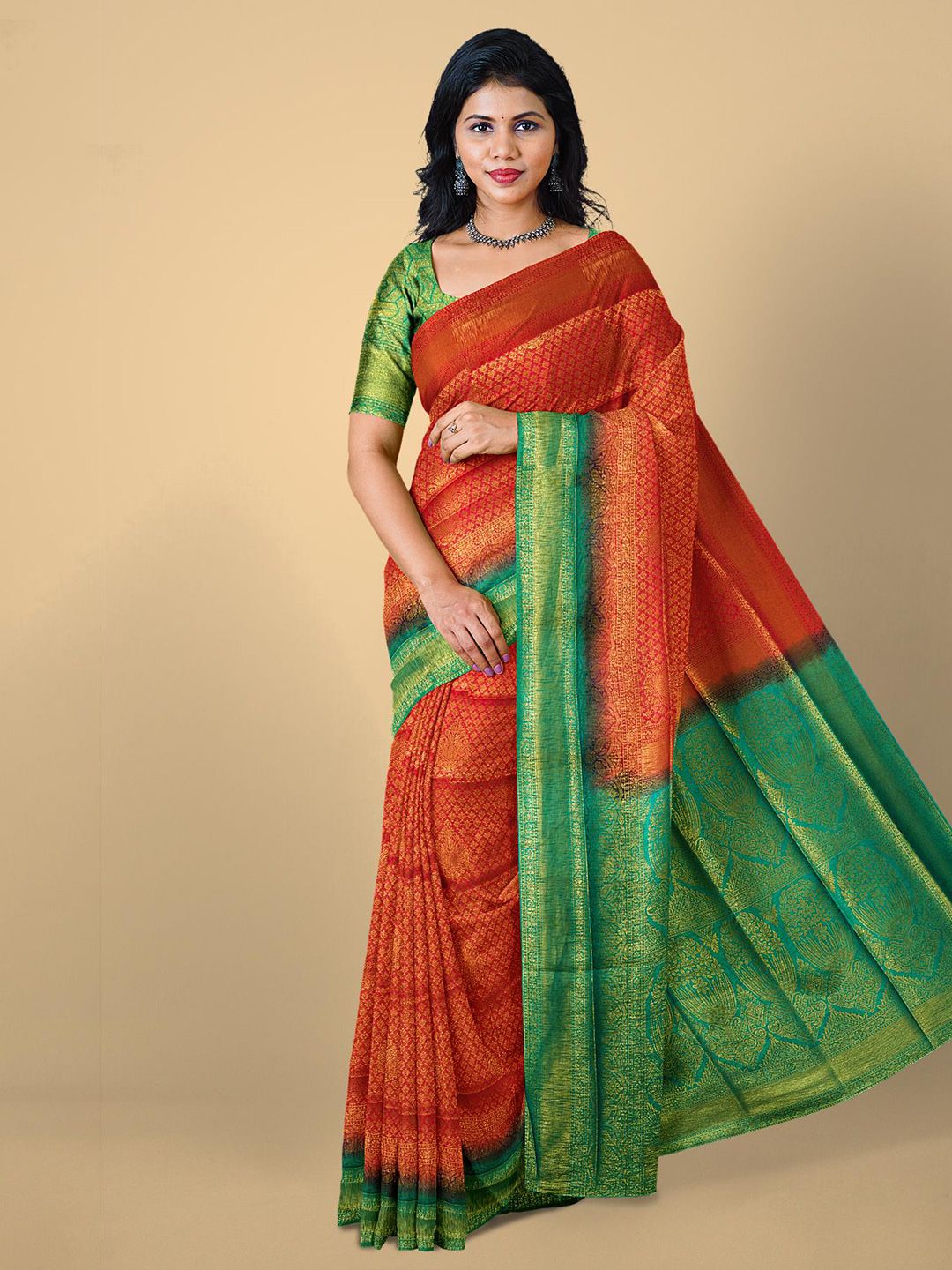 Kalamandir Red & Orange Woven Design Zari Silk Blend Saree Price in India