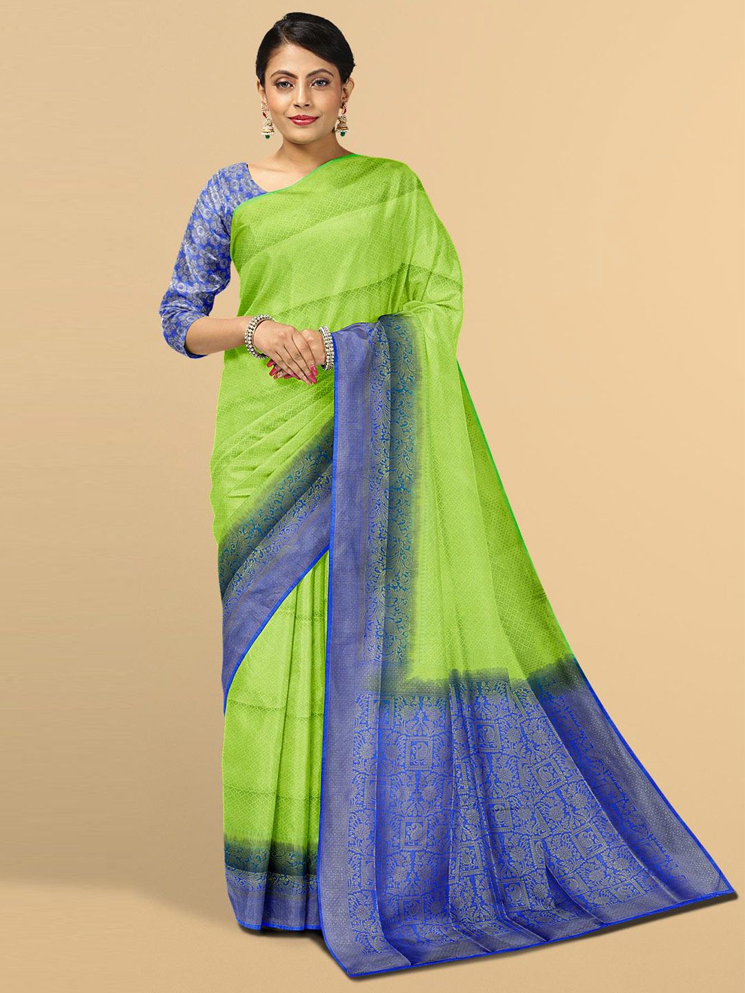 Kalamandir Green & Blue Woven Design Zari Silk Blend Saree Price in India