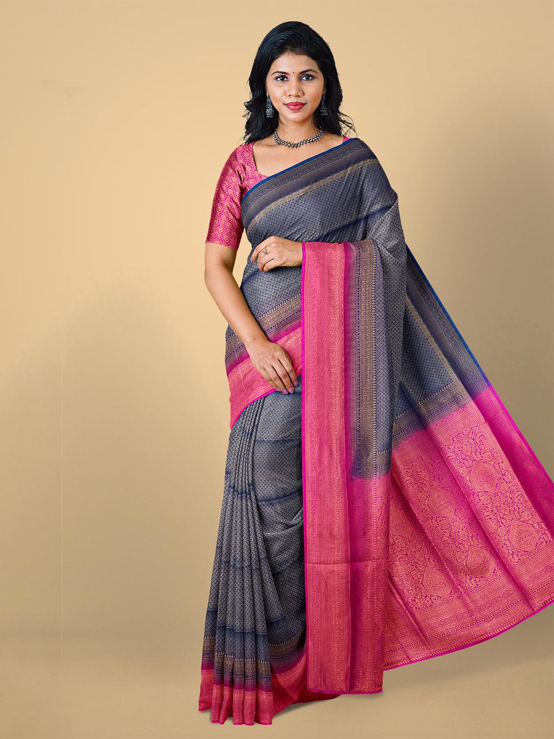 Kalamandir Navy Blue & Pink Woven Design Zari Silk Blend Saree Price in India