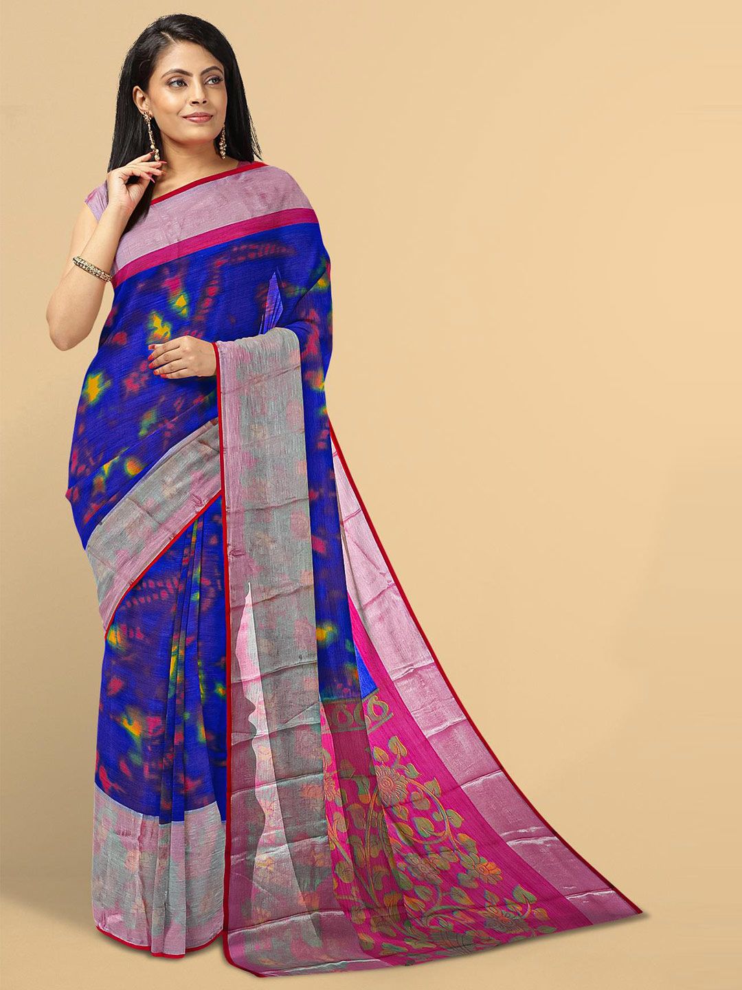 Kalamandir Blue & Pink Tie and Dye Zari Silk Blend Saree Price in India