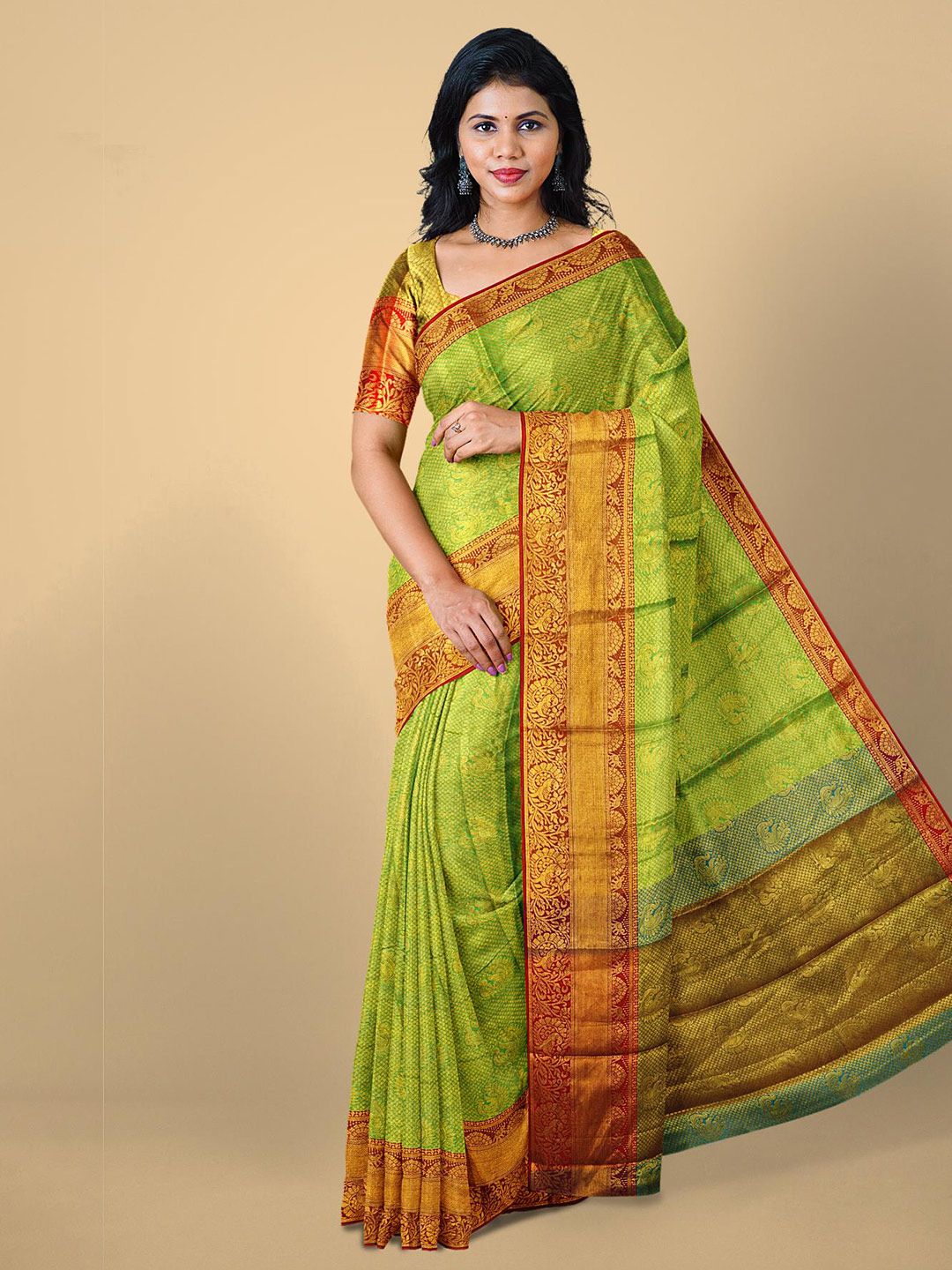 Kalamandir Women Green & Red Woven Design Zari Silk Blend Saree Price in India