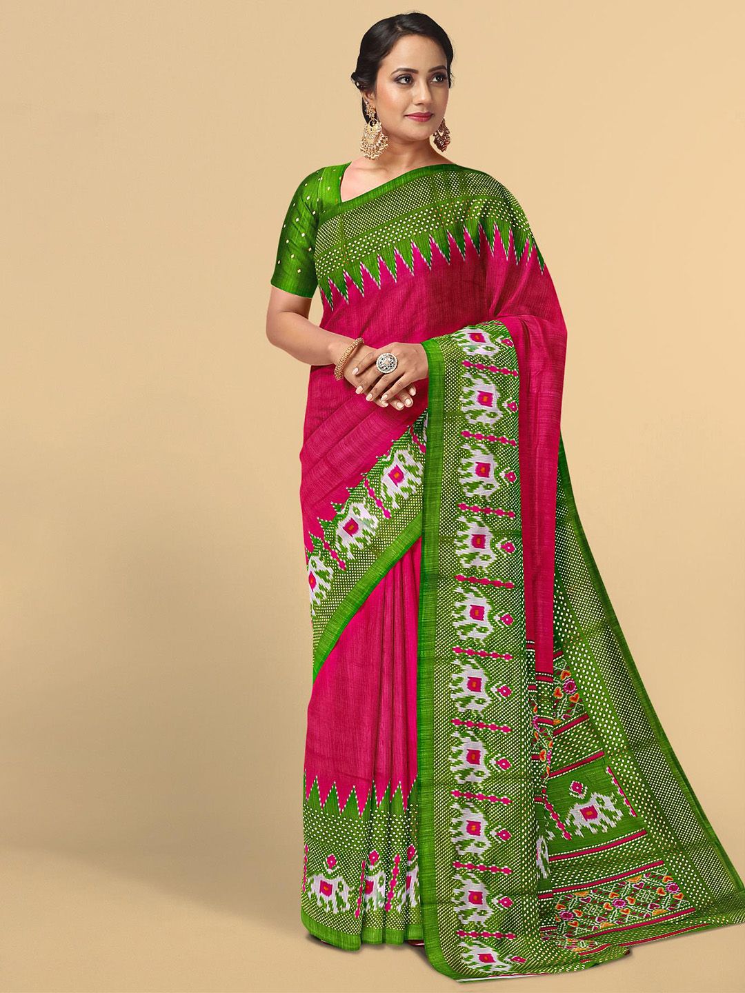 Kalamandir Pink & Green Ethnic Motifs Silk Blend Saree Price in India
