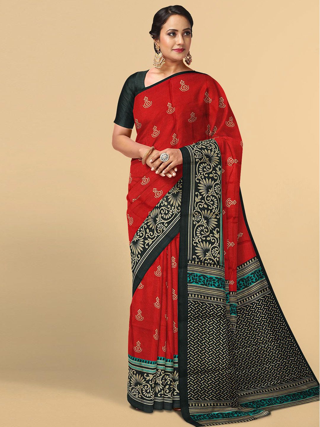 Kalamandir Red & Black Ethnic Motifs Silk Blend Saree Price in India