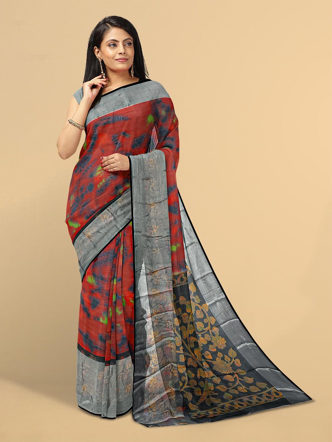 Kalamandir Red & Green Tie and Dye Zari Silk Blend Saree Price in India