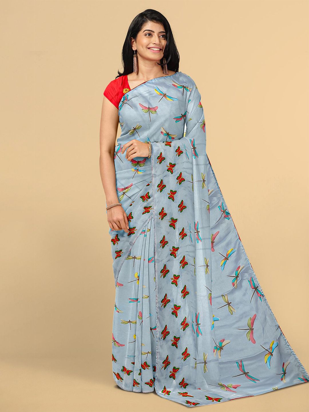 Kalamandir Blue & Red Silk Blend Abstract Saree Price in India