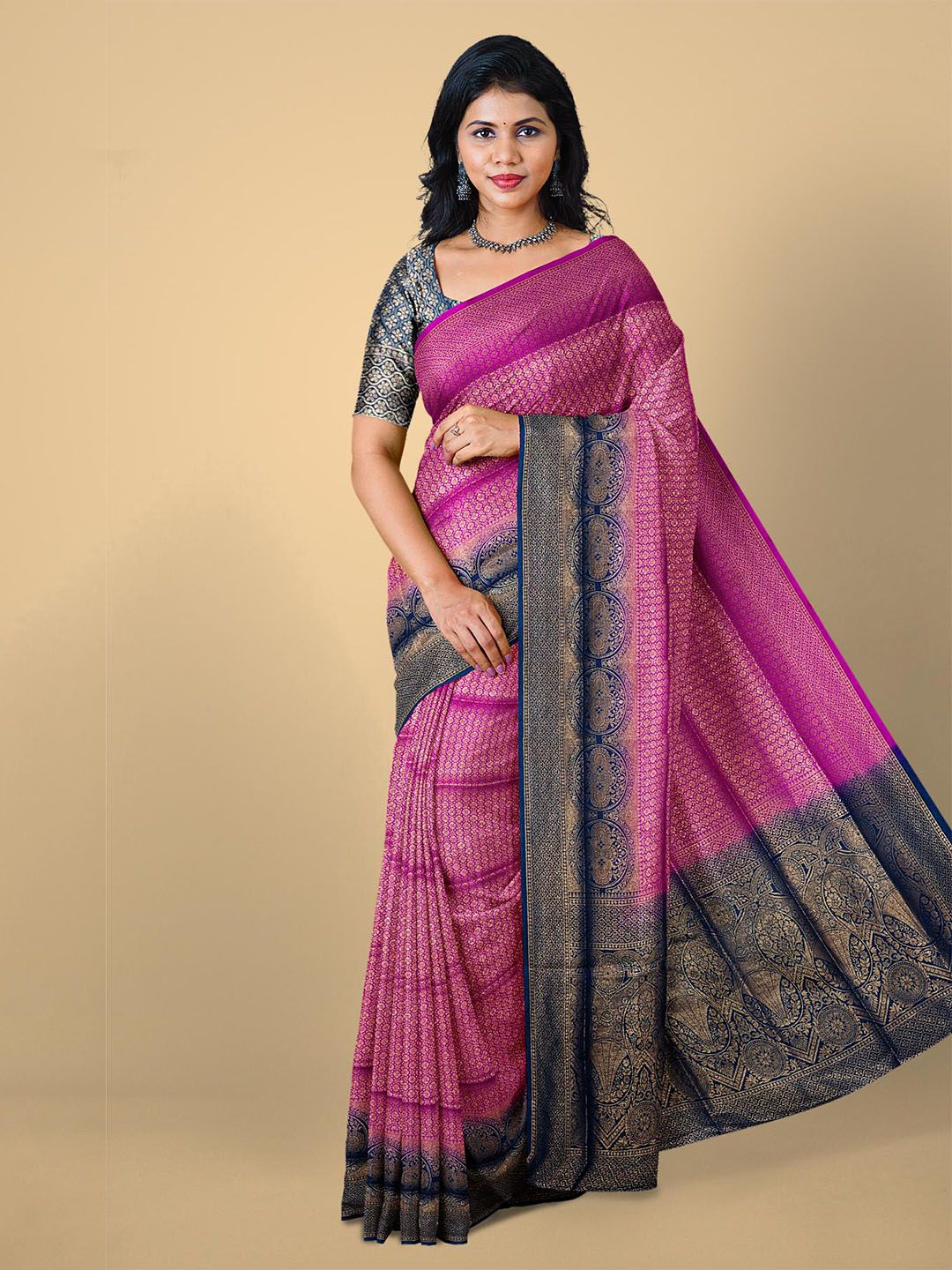 Kalamandir Women Pink & Navy Blue Ethnic Motifs Zari Silk Blend Saree Price in India