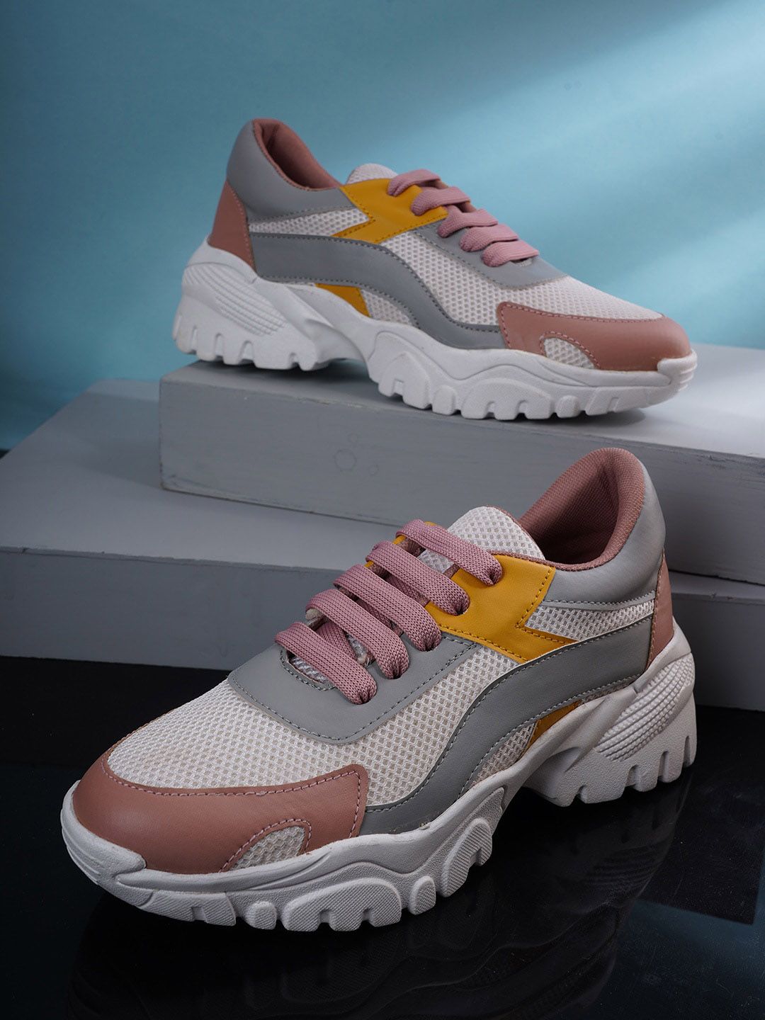 VEILLE Women Peach-Coloured & Grey Colourblocked PU Sneakers Price in India