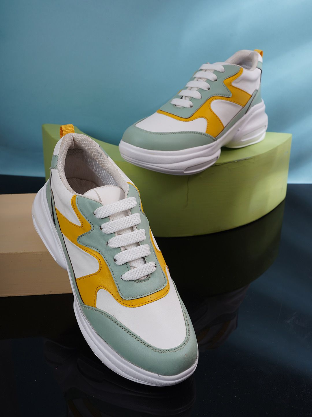 VEILLE Women Green & White Colourblocked PU Sneakers Price in India