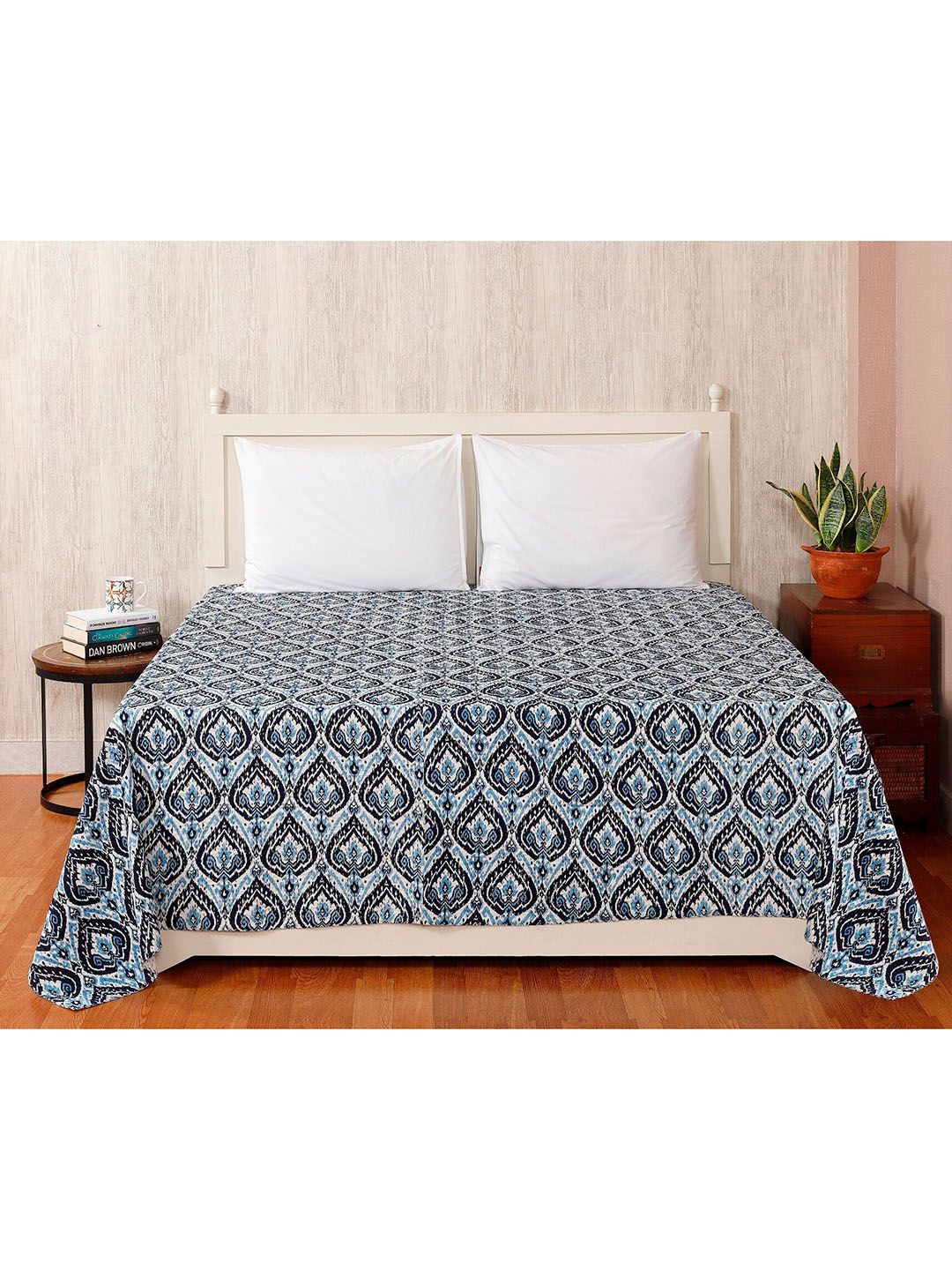 HANDICRAFT PALACE Blue & White Kantha Embroidered Cotton Double Queen 180-249 TC Bed Covers Price in India