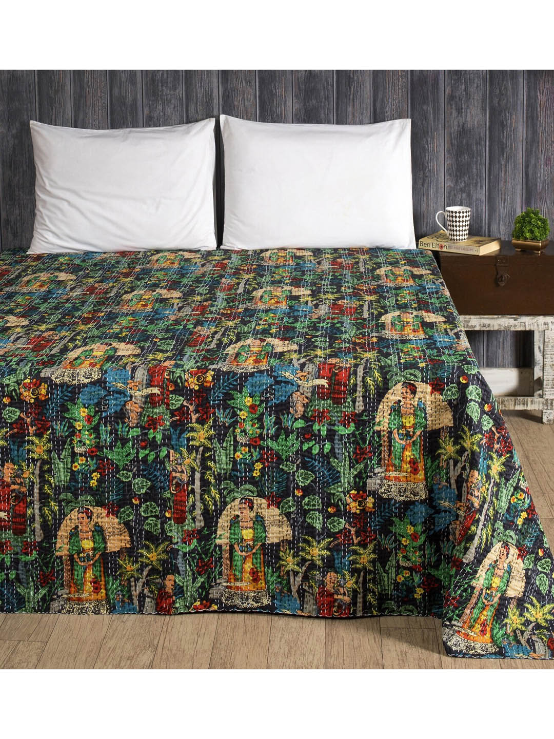 HANDICRAFT PALACE Black Printed Kantha Embroidered Cotton Double Queen Bed Cover Price in India
