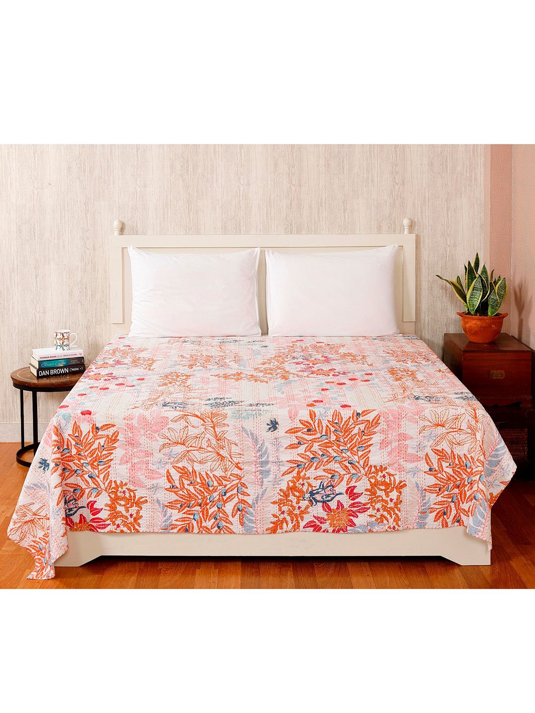 HANDICRAFT PALACE White & Orange-Colored Kantha Embroidered Cotton Double Queen Bed Cover Price in India